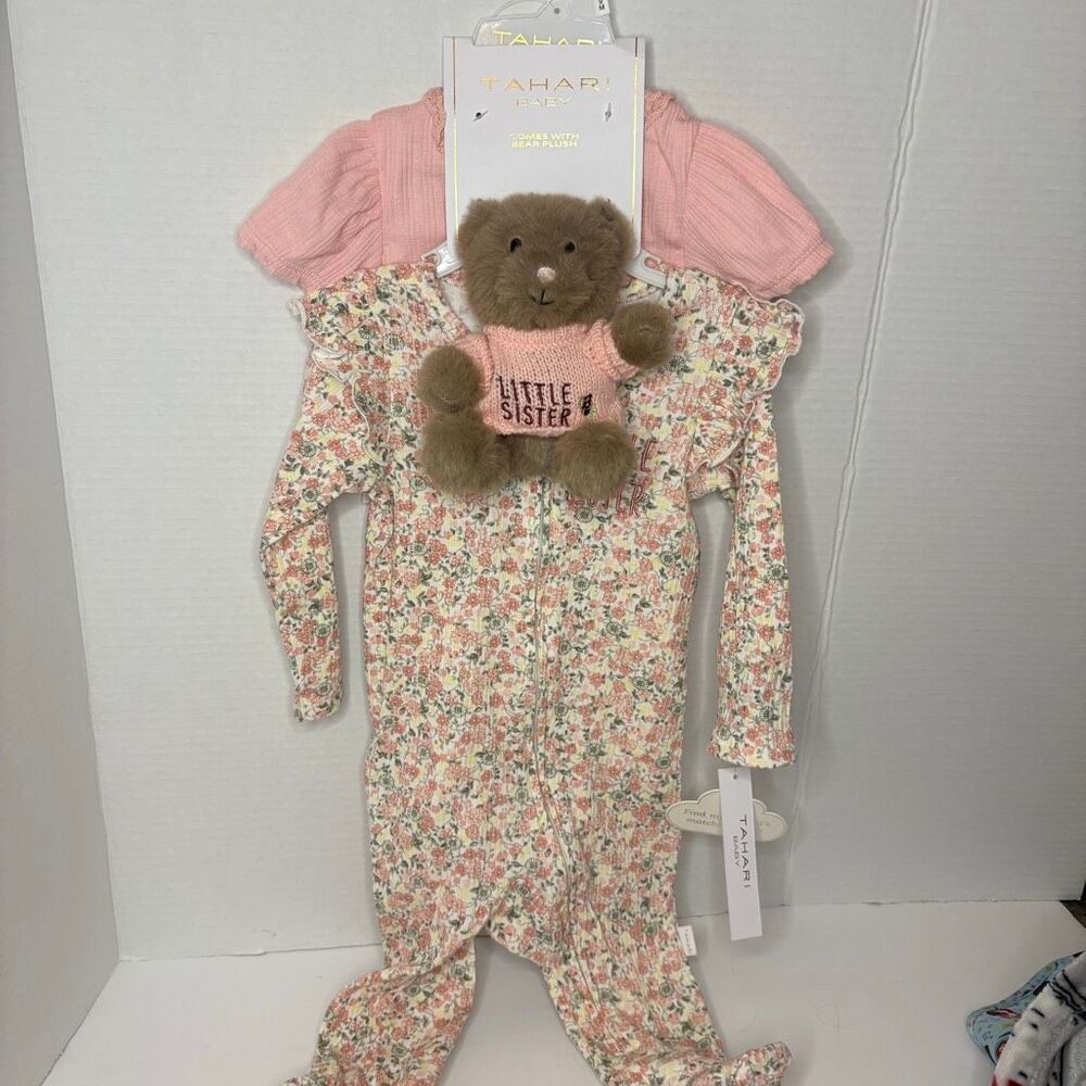Tahari Baby Girl Floral Little Sister Bodysuit Footed Zip Sleeper Teddy Bear 6-9